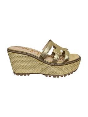 Sam Edelman Laine Platform Wedge Sandals Gold Leather Raffia Womens Size 8